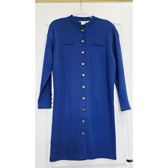 VTG Liz Claiborne Dress Women's Sz.Large Navy Gold Button Front Knit Midi Sheath - Picture 1 of 3
